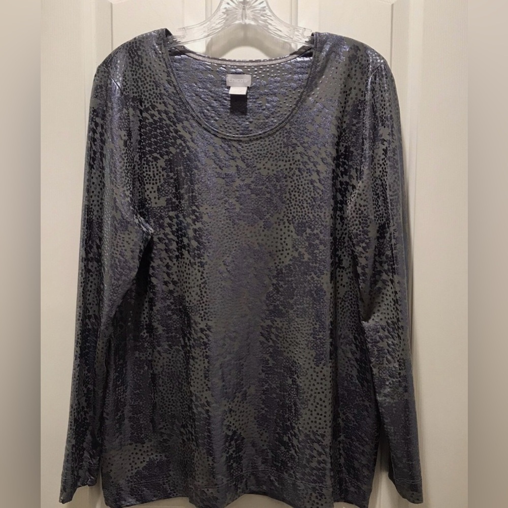 Chicos NWT Grey Blue Metallic Foil Houndstooth Touch Of Cool Blouse Size 3